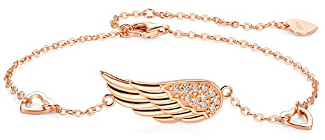 Engelsflügel Armband 925 Silber Damen, Rosegold Zirkonia Glücksarmband Verstellbar Zart Engel Flügel Herz Liebes Glücksbringer Armbänder Geschenke für Mädchen Frauen Frau Kommunion Taufe Geburtstag