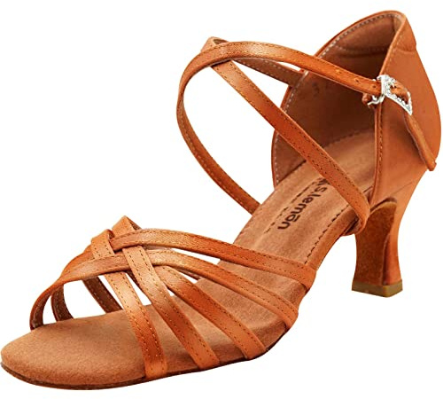 Latin Shoe,Leather Satin Latin Ballroom Dancing Shoe for Beginners Practice Tan 5cm 40