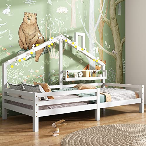 Merax Hausbett Kinderbett mit Ablageregal Kaminform 90x200 Weiß ohne Matratze
