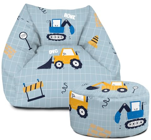 rucomfy Beanbags Snuggle Kids Bean Bag Chair - Toddler Armchair Beanbag Seat - Childrens Bedroom Furniture for Boys & Girls - Arrives Filled - 50 x 60 x 60cm (Dig It, Matching Footstool)