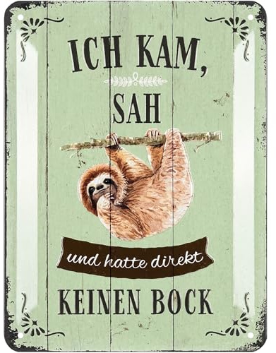 LANOLU Retro Blechschild Faultier ICH KAM SAH- KEINEN BOCK, lustige Sprüche Schild Freundschaft, Shabby Chic Deko, Geschenke für beste Freunde, Retro Farmhouse Deko, vintage Metallschilder 15x20cm
