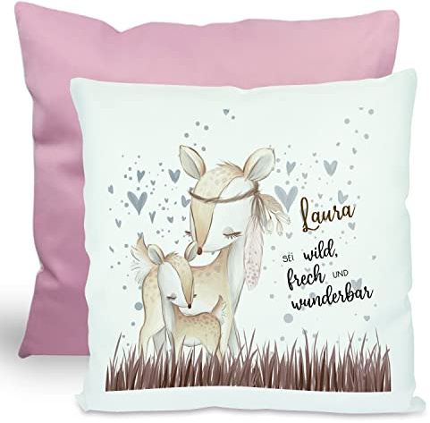 CreaDesign, Kinder Kissen 40x40 cm personalisiert mit Namen, Kinderzimmer Deko Kissen Kinder mit Füllung Federn, Motiv REH Indianer, Rückenfarbe Rosa