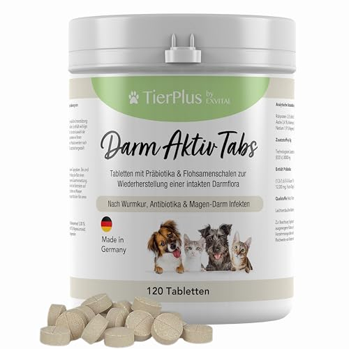 EXVital TierPlus Darm Aktiv Tabletten für Hunde & Katzen, Präbiotika Komplex für eine gesunde Darmflora- Nach Durchfall, Wurmkur, Antibiotika & Magen-Darm Infekten, 120 Tabletten, Made in Germany