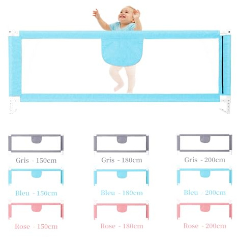 HUOLE Barrera de Cama para bebé 180cm, Barandilla de Cuna Plegable, Rejilla de Cuna Segura con protección contra caídas, Barrera Cama para niños, Acabado Gris Bordado-1,8 m-Azul