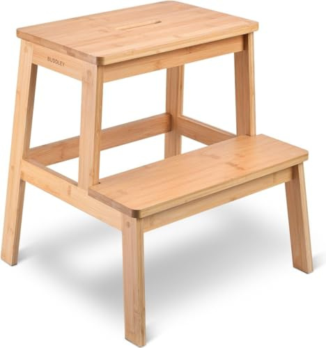 BUDDLEY Bambus Tritthocker Kinder - ideales Küchenhocker und Stufenhocker für Kinder - 2 praktische Stufen - 100% nachhaltige Materialien (Natural)