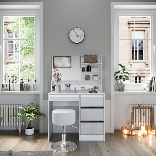 Vicco Schminktisch Sherry, Weiß, 90 cm | mit Hocker, mit höhenverstellbarem Sitz und drehbarem Hocker