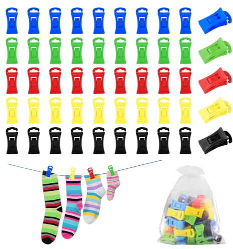 Sockenklammern für Waschmaschine und Trockner Set, 50 Stück Bunt Sockenklammern mit 1 Aufbewahrungstasche, Rutschfester Sockenclip mit Haken, Sockenhalter, Socken waschen Organizer, Sockensortierer | Bunt sockenclips mit 1 Aufbewahrungstasche, Rutschfester mit Haken, Sockenclips für waschmaschine Organizer, Sockensortierer