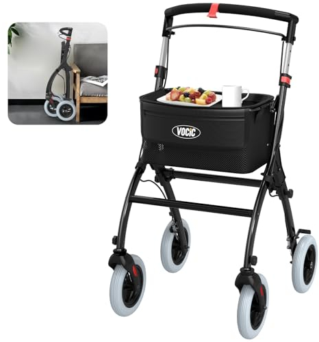 VOCIC Z32 Rollator Schmal für Wohnung,Indoor Rollator Faltbar und Leicht,Stabiler Wohnungsrollator mit Spuer Leiser Anti-Rutsch Reifen,Rollatoren für Senioren Klappbar Tablett,Schwarz|5 Jahre Support