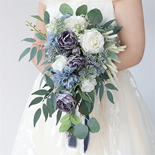 Fouriding Weißer Haze Blue Hochzeit Brautstrauß Künstliche Rose Blume Hochzeitsstrauß Wasserfall Wassertropfen Hochzeitsstrauß für Brautdusche Hochzeitstag Jubiläum