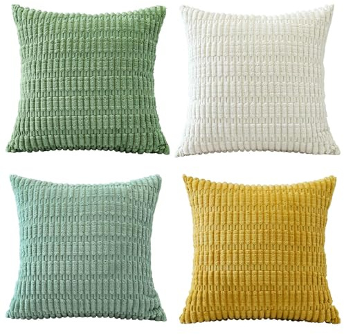 Sungeek 4er Set Kordsamt Kissenbezüge, Dekorativ Zierkissenbezüge Weich Kissenbezug Dekokissen Sofakissen Couchkissen Deko Bezug Kissenhülle für Sofa Schlafzimmer Wohnzimmer (Grün Gelb Weiß, 40x40 cm)