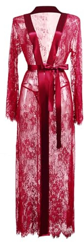 MIZSPISE Lingerie for Women Long Lace Boudoir Outfits Sheer Gown Sexy Kimono Robe Swimsuit Cover Up Exotic V Neck Nightgowns (UK, Alpha, One Size, Regular, Regular, wine red)