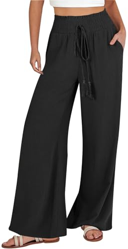 Leinenhose Damen Sommer Freizeithose Leinen Leicht Casual Yogahose Einfarbig Elegant Palazzo Hose Weites Bein Hose Baumwolle Bequeme Stoffhose Hohe Taille Strandhose mit Taschen(#G Black,3XL)