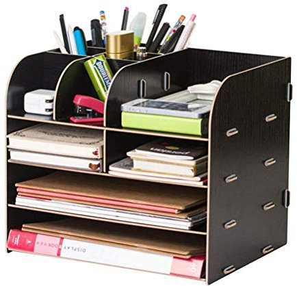 Aktenständer, Schreibtisch-Organizer aus Holz, rustikaler Briefständer im Vintage-Stil (schwarz)