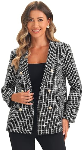 Allegra K Donna Blazer in Tweed per Cappotto da Giacca Scozzese con Bottoni sul Davanti Nero XL