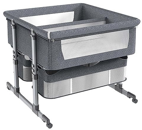 PRMTYUP Grey 2,Babybett FüR Zwillinge Mit Aufbewahrungskorb, 6-Fach HöHenverstellbares, Leicht Zusammenklappbares Kinderbett, Tragbares Stubenwagen-Babybett FüR Kleinkinder, Neugeborene
