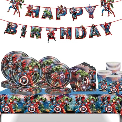 70P Boys Party Tableware Super Hero Blue Birthday Decor,Blue Hero Happy Birthday Banner with Superhero Paper Cups Plates Napkins Spider Tablecloth,Hero Birthday Party Dinnerware for Kids Boys