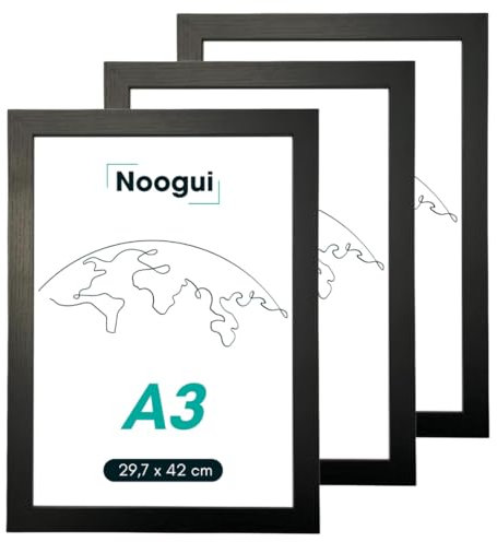 NOOGUI - Cornice a3 - Legno Nero - 30x42 cm - Parte Frontale Antiriflesso - Per Foto, Diplomi, Poster o Puzzle - Posizionamento Verticale o Orizzontale - Spessore 2 cm - Confezione da 3 pezzi