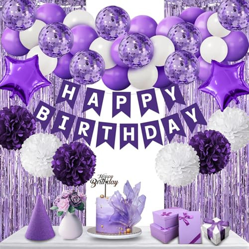 Decorazioni di compleanno viola per donne, decorazioni per feste Buon compleanno con bandierine, palloncini, pompon, tende in alluminio viola per anni di fidanzamento