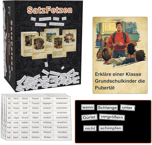 Pakusane SatzFetzen – Das verrückte Magnet-Wortspiel für 2+ Spieler | Lustige Sätze mit 840 Wortmagneten & 250 Aufgaben-Karten erstellen | Kreativer Partyspaß für Familie & Freunde