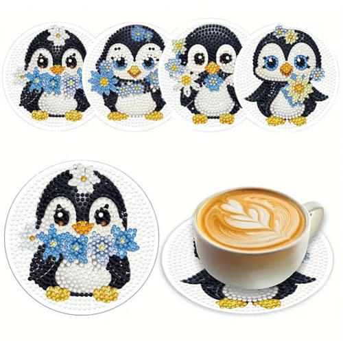 Generisch 4 Stück Pinguin Diamond Painting Untersetzer mit Werkzeuge,Diamant Art Untersetzer,Diamond Malsets Glasuntersetzer,runde Diamant Malerei Untersetzer zum Basteln Erwachsene Kreativ Set