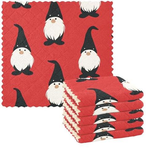 EtherSpher Black and White Gnomes Red Christmas Microfiber Cleaning Cloths Set of Tea Towels Kitchen Terry Dish Cloths Kitchen Hand Towels Decorative Washing Washing Bathroom (longword) 11x11in
