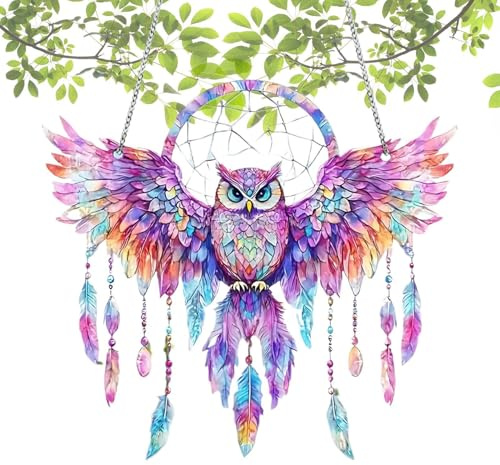 Owl Acrylic Sun Catcher - 2D Acrylic Owl Suncatchers | Feather Dream Catcher, Colorful Wings Spreading Owl Sun Catcher Decor for Living Room, Bedroom, Study