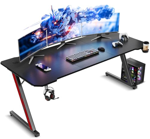 TRIUMPHKEY Mesa Gaming 160 x 60 cm, Escritorio Gaming en Forma de Z Ergonómica, Mesa Gamer de Fibra de Carbono, Mesa para Ordenador con Portavasos y Gancho para Auriculares, Negro