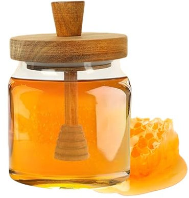 Yuedefly 16.9oz Glass Honey Pot Clear with Wooden Dipper and Lid,Honey Dispenser for Home Storage Container(500ml)