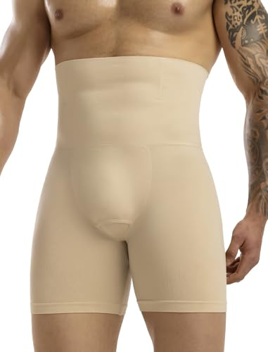 MISS MOLY Shapewear Boxer pour homme - Taille haute - Short de compression sans coutures - Sous-vêtements gainants - Body Shaper - Contrôle du ventre - Rétro, beige, 3XL