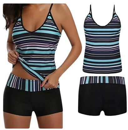 Women’s Two Piece Swimwear Gradient Color Tankini Set Top with Shorts Low Waist Sporty Swimsuit Bikini (UK, Numeric, 10, Regular, Regular, Standard, Black+Blue)