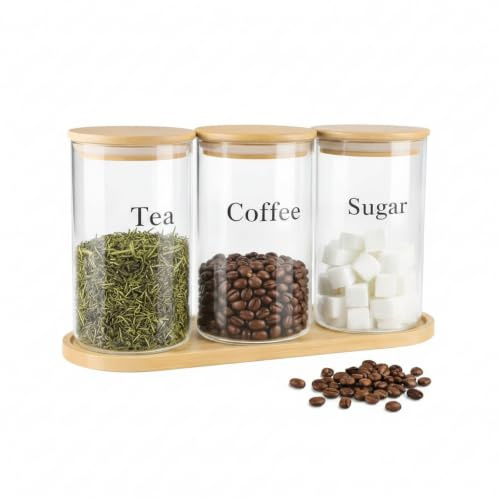 Gzsekken 3 Pack Tea Coffee Sugar Canisters,750ML Glass Food Storage Jars with Wooden Tray,Round Kitchen Coffee Tea Sugar Set Canisters with Airtight Lids,Decorative Counter Storage Jars for Kitchen