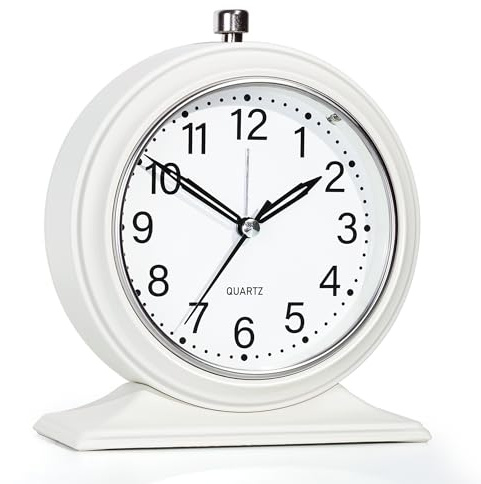 AYRELY® 4-inch Battery Operated Alarm Clock Silent Analog Desk Clocks with Light Vintage Metal Table Clock for Living Room Shelf Bedside Home Decor (White)