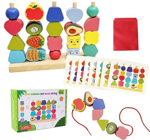 Carreuty Montessori Spielzeug ab 3 4 5 Jahre, Obst Holzspielzeug Stapelsteinen Sortierspiel Fädelspiel mit Aufbewahrungstasche, Feinmotorik Lernspiele für Junge Mädchen Geschenk