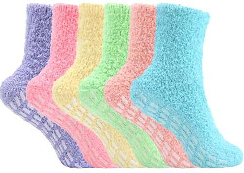 Soleeya 6 Paia Calze Pelose Donna, 35-41 Morbide Calze Termiche Donna Invernali Calzini Pelosi con Strisce Antiscivolo Soffici Spessi Calzini Pile per Casa e Sonno