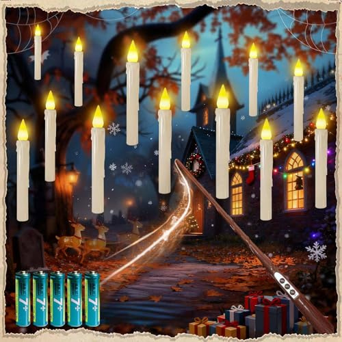 MOZC Bougie Flottante avec Baguette magique, 12pcs Cierges Magiques avec 5 Batteries(Contient), Scintillantes LED Bougies avec fonction de minuterie 6H pour la fête d'anniversaire Noël Déco Cadeau