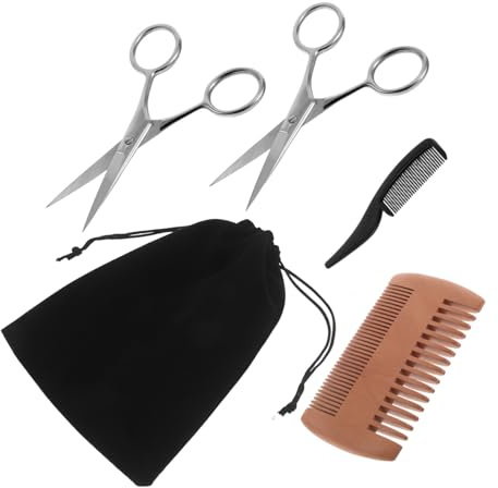HONITANO Set de Soins Barbe pour Hommes avec Ciseaux de Précision Peigne Double-face Bois et Peigne Plastique de Poche Kit de Toilettage Portable pour Barbe Moustache et Nez Entretien