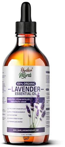 Hydra Naturals 100% Pure Organic Lavender Essential Oil – Triple Steam Distilled Therapeutic Grade – Undiluted for Skin, Hair, Sleep & Aromatherapy – Natural Calming Oil for Relaxation 50ml