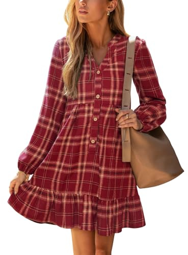 Cupshe - Abito da donna casual, a quadri, con volant sul fondo, scollo a V, maniche lunghe, abbottonato, tunica mini abito per le vacanze, Rosso, XL