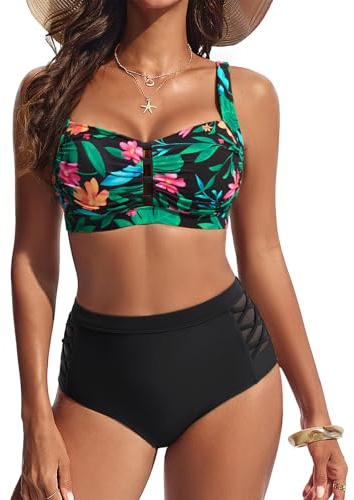 Hanna Nikole Bikini Sets for Women Retro Beach Vacation Swimsuits Mesh Patchwork Bathing Suit Black+Red Floral L