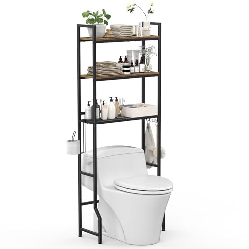 CADUKE Toilettenregal, Waschmaschinenregal Toiletten-Überbau mit Aufbewahrungskorb, 3 Ebenen Ablage über Waschmaschine für Badezimmer und Waschküche mit 4 Haken und Papierhalter, Braun
