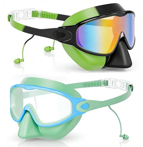 IEEILULU 2PCS Schwimmbrille Kinder 3-14 Jahre, Schnorchelmaske Kind, Taucherbrille Kinder mit Integrierten Nasen und Ohrstöpseln, Anti-Beschlag und UV-Schutz, Tauchmaske 180°Panorama HD (Grün)