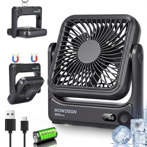 WOWDSGN Tischventilator USB 𝐦𝐢𝐭 𝐒𝐭𝐚𝐫𝐤𝐞𝐦 𝐌𝐚𝐠𝐧𝐞𝐭𝐟𝐮ß & LED-Display, 𝟓𝟎𝟎𝟎𝐦𝐀𝐡 𝐀𝐤𝐤𝐮 Ventilator tragbar, 𝟒-𝐒𝐭𝐮𝐟𝐞𝐧, für Camping, Wohnmobil, Reisen, Schlafzimmer, Büro