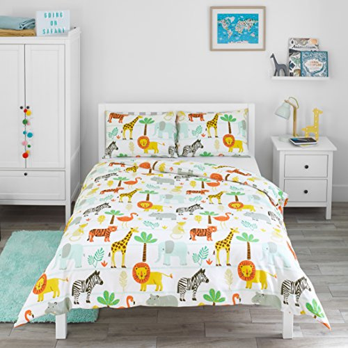 Bloomsbury Mill - Bettwäsche 200 x 200 cm Safari Tiere für Kinder – Doppelbett Bettwäscheset für Jungen und Mädchen – Zoo Tiere & Dschungel Wendebettwäsche und 2 Kissenbezug Set
