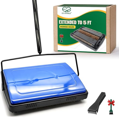 EZ SPARES Horsehair Carpet Sweeper Cleaner-5FT with Extension Pole for Any Height,Natural Water-Absorbent Horsehair Brush for Wet&Dry Spills, Soft on Carpet&Hardwood, Pet Hair Cleaner for Home(Blue)