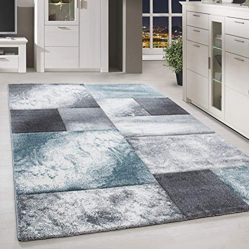 HomebyHome Teppich 200x290 cm Kurzflor Konturenschnitt in Blau Grau Weiß Kariertes Design, Extra Weich, Pflegeleicht, Waschbar Für Wohnzimmer, Schlafzimmer, Esszimmer