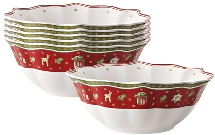 Villeroy & Boch Toy's Delight Schalen 6er Set, 19cm, Für Plätzchen, Weihnachtsgeschirr Aus Porzellan, Weihnachtsmotiv Keramik, Premium Porzellan, Weiß/Rot