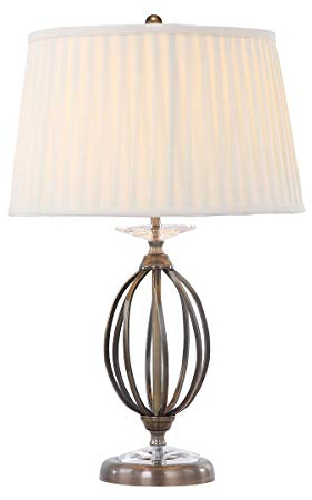 Table Lamp - Ivory Shade - Cut Glass Droplets - Hand Forged Curved Metal Base - Aged Brass Finish - LED E27 60W Bulb