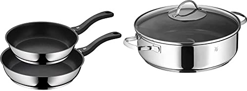 WMF Devil Pfannenset 2-teilig, Bratpfanne 28 cm + 24 cm, Pfanne Induktion, Cromargan Edelstahl beschichtet & Schmorpfanne 28cm Induktion, Schmortopf mit Deckel 5,0l, Cromargan Edelstahl beschichtet