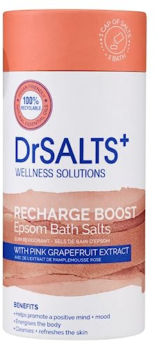 DrSALTS+ Recharge Boost Epsom Salts - Invigorating Epsom Bath Salts to Rejuvenate Mind & Body with Pink Grapefruit Essential Oils - Vegan & Cruelty-Free, 750g
