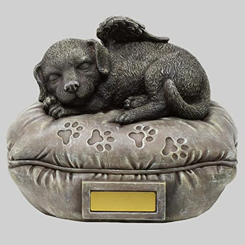 Hunde Urne grau als Hunde-Engelfigur auf dem Kissen, Tierurne